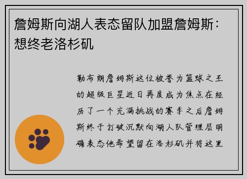 詹姆斯向湖人表态留队加盟詹姆斯：想终老洛杉矶