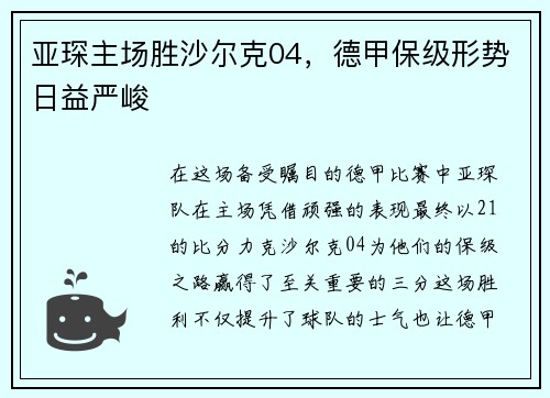 亚琛主场胜沙尔克04，德甲保级形势日益严峻